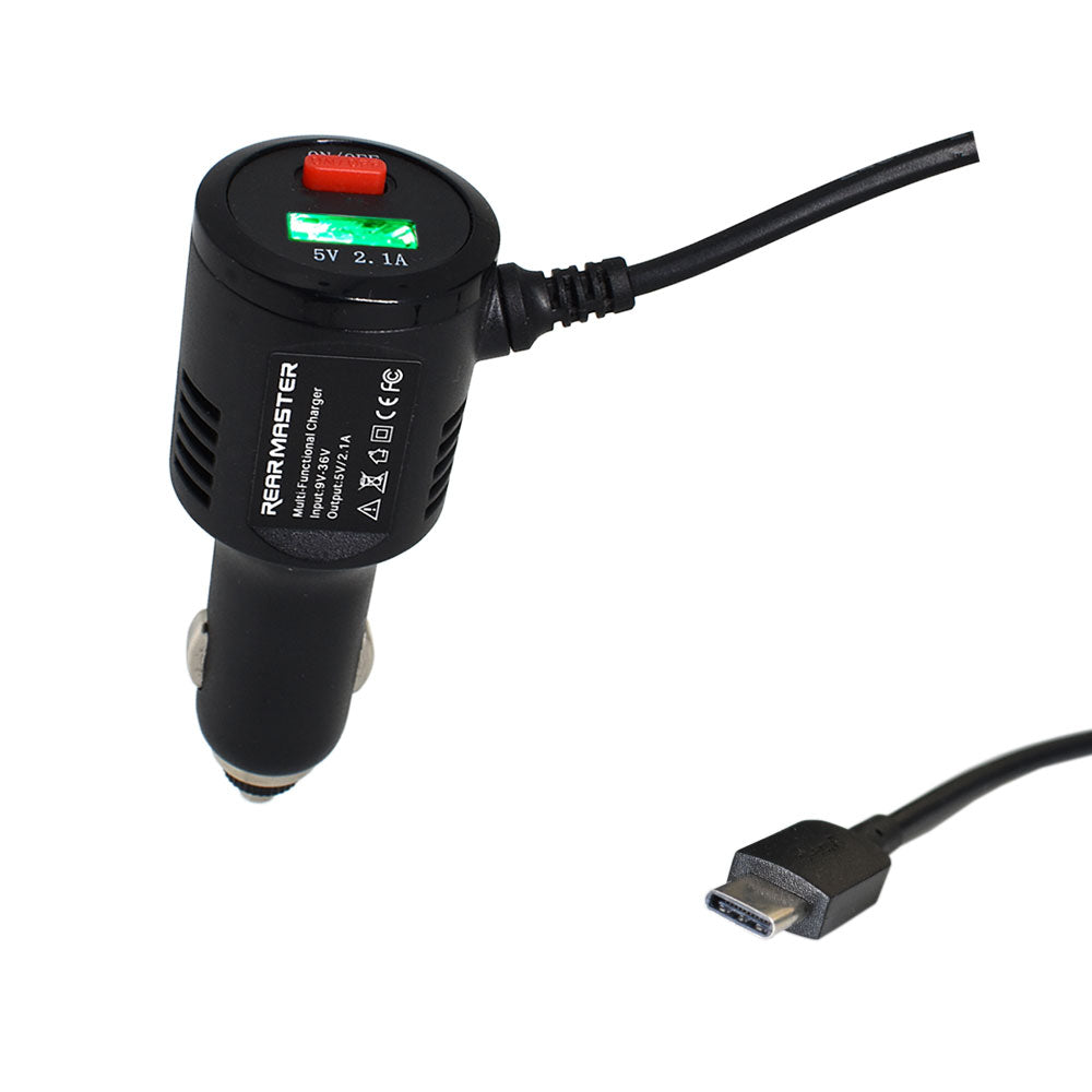 Rearmaster  Car Charger Cigarette Lighter Power Cable for Dash Camera, with USB Charger and Switch Button (USB-C) 11.5ft