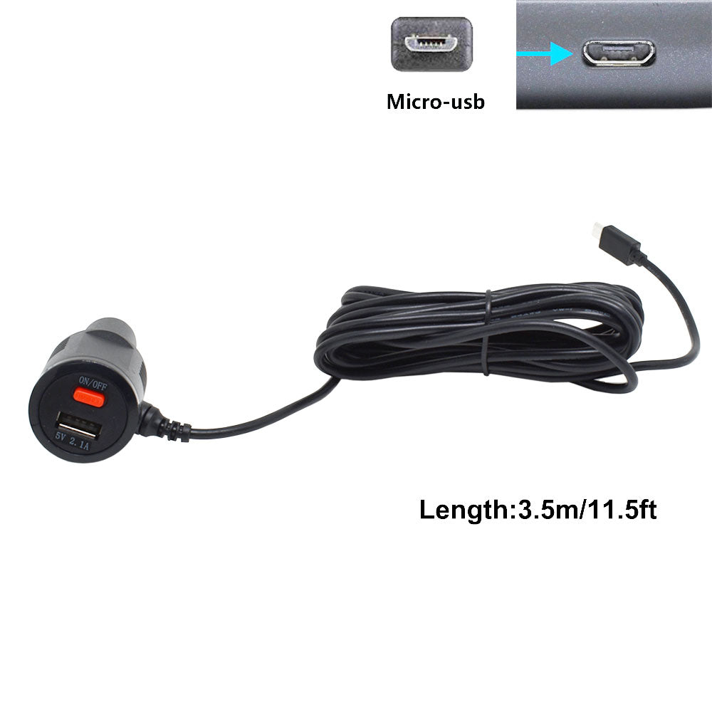 Rearmaster  Car Charger Cigarette Lighter Power Cable for Dash Camera, with USB Charger and Switch Button (Micro USB) 11.5ft