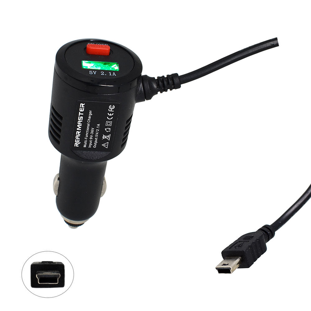 Rearmaster  Car Charger Cigarette Lighter Power Cable for Dash Camera, with USB Charger and Switch Button (Mini USB) 11.5ft