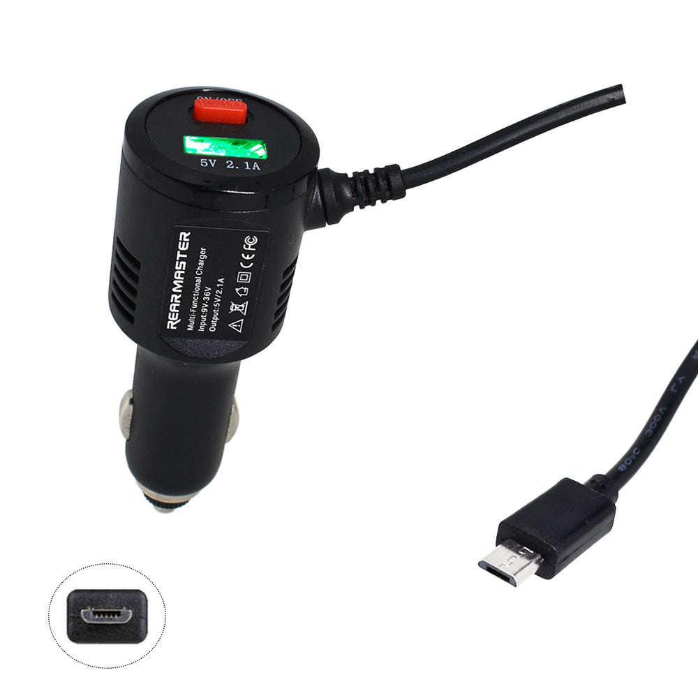 Rearmaster  Car Charger Cigarette Lighter Power Cable for Dash Camera, with USB Charger and Switch Button (Micro USB) 11.5ft
