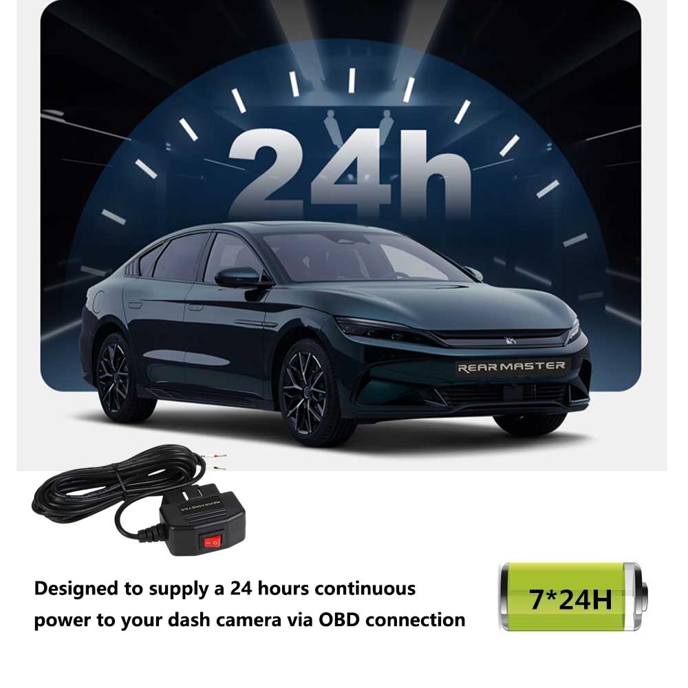 Rearmaster  OBD Power Cable for Dash Camera,24 Hours Surveillance / Acc Mode with Switch Button(Power and ground wire)