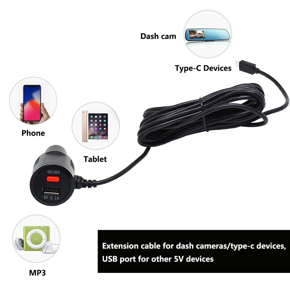 Rearmaster  Car Charger Cigarette Lighter Power Cable for Dash Camera, with USB Charger and Switch Button (USB-C) 11.5ft