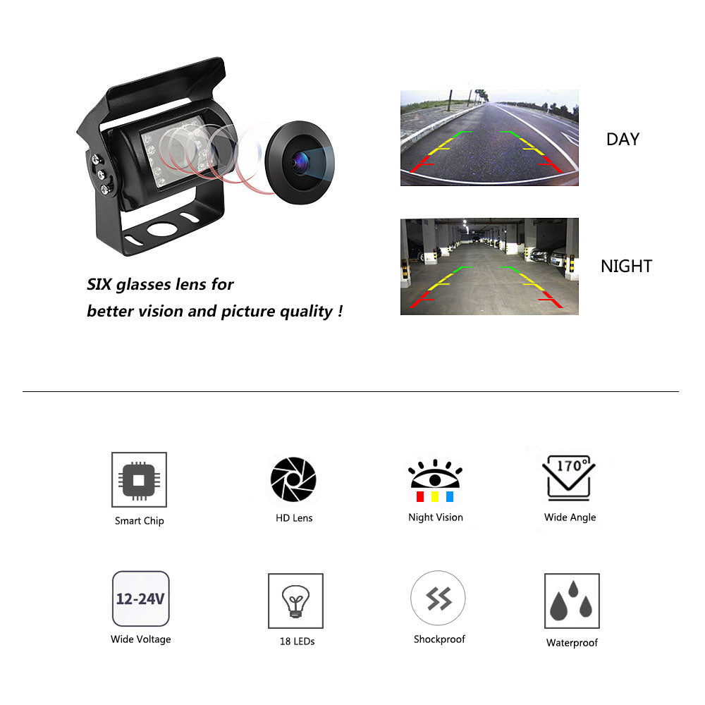 Rearmaster Backup Camera Kit,7 Inch Monitor Screen With 18 LED Night Vison Rear View Camera For Large Vehicles Truck/Trailer/Pickup/RV/Van/Bus/Motor Home/Harveste