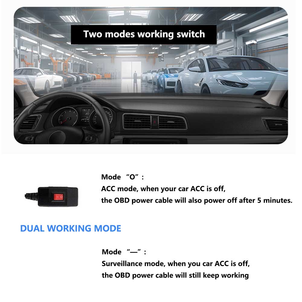 Rearmaster  OBD Power Cable for Dash Camera,24 Hours Surveillance / Acc Mode with Switch Button(Mini USB Port)