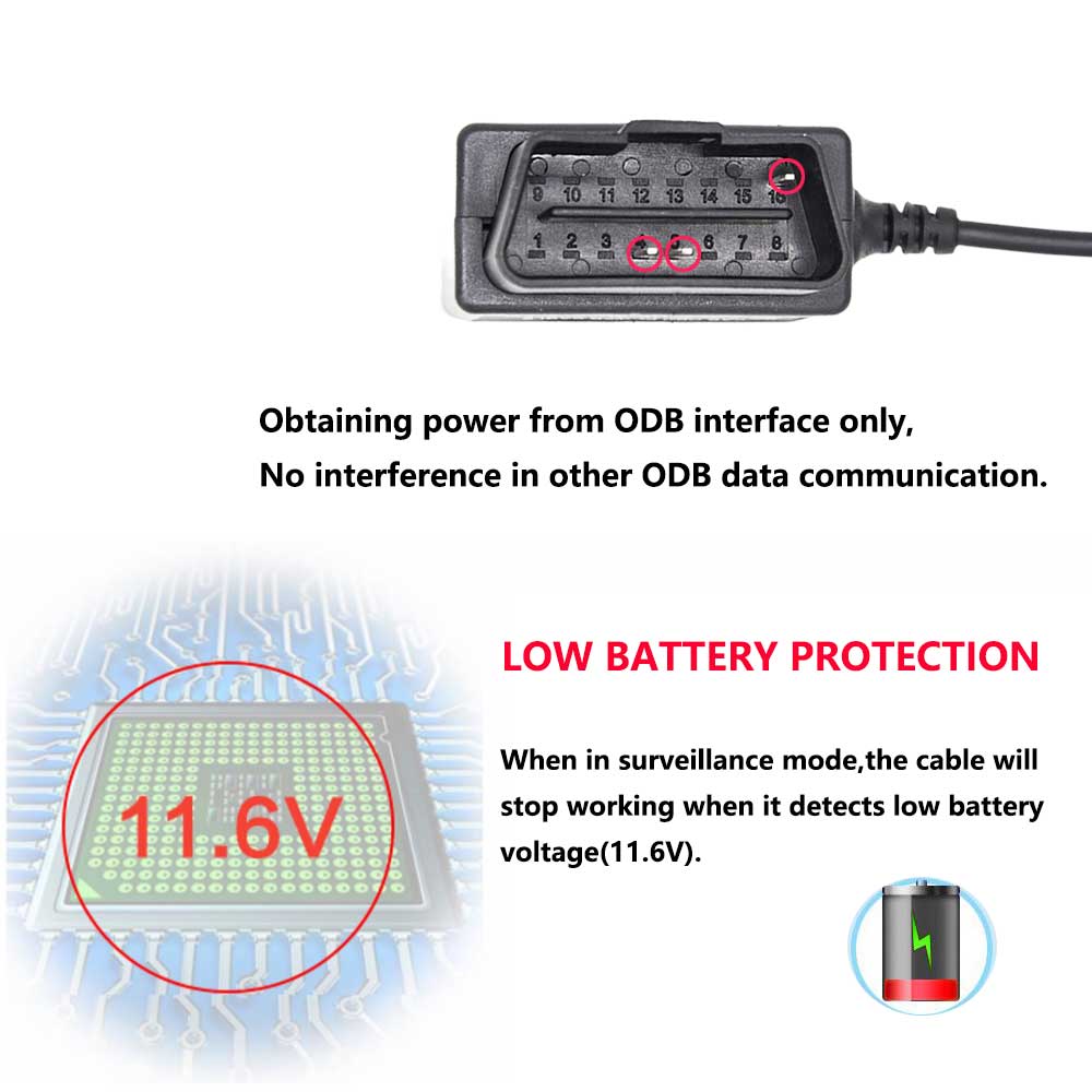Rearmaster  OBD Power Cable for Dash Camera,24 Hours Surveillance / Acc Mode with Switch Button(DC Port)