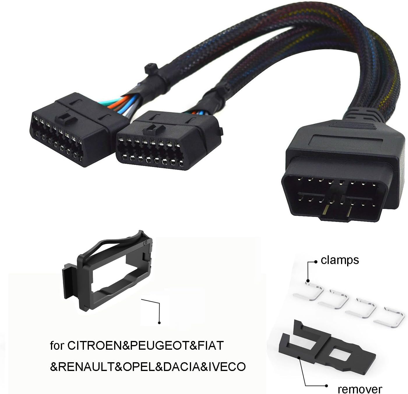Harness kit OBD Y Splitter Cable for CITROEN&PEUGEOT&FIAT &RENAULT&OPEL&DACIA&IVECO OBD2 Port,1 Male To 2 Female Extension for GPS Tracker and Automotive Diagnostic Devices