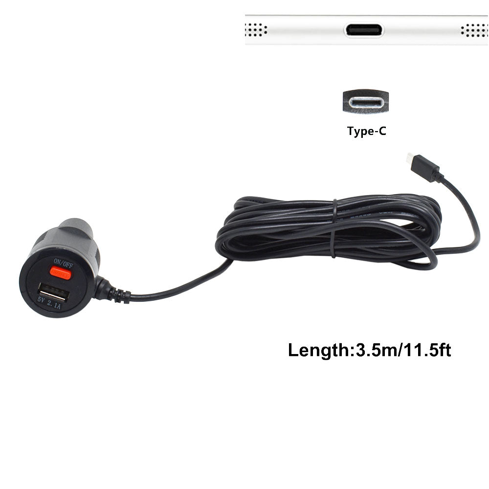 Rearmaster  Car Charger Cigarette Lighter Power Cable for Dash Camera, with USB Charger and Switch Button (USB-C) 11.5ft