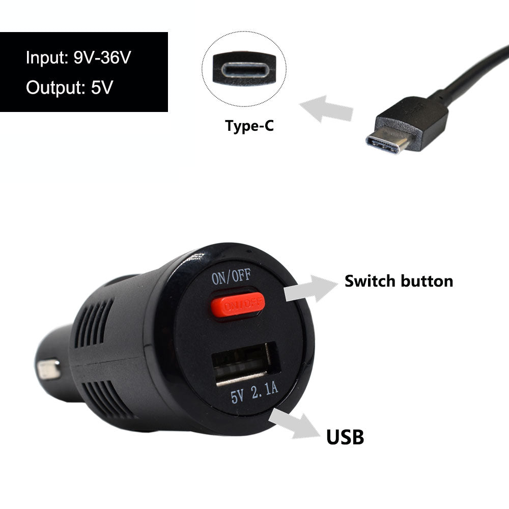 Rearmaster  Car Charger Cigarette Lighter Power Cable for Dash Camera, with USB Charger and Switch Button (USB-C) 11.5ft