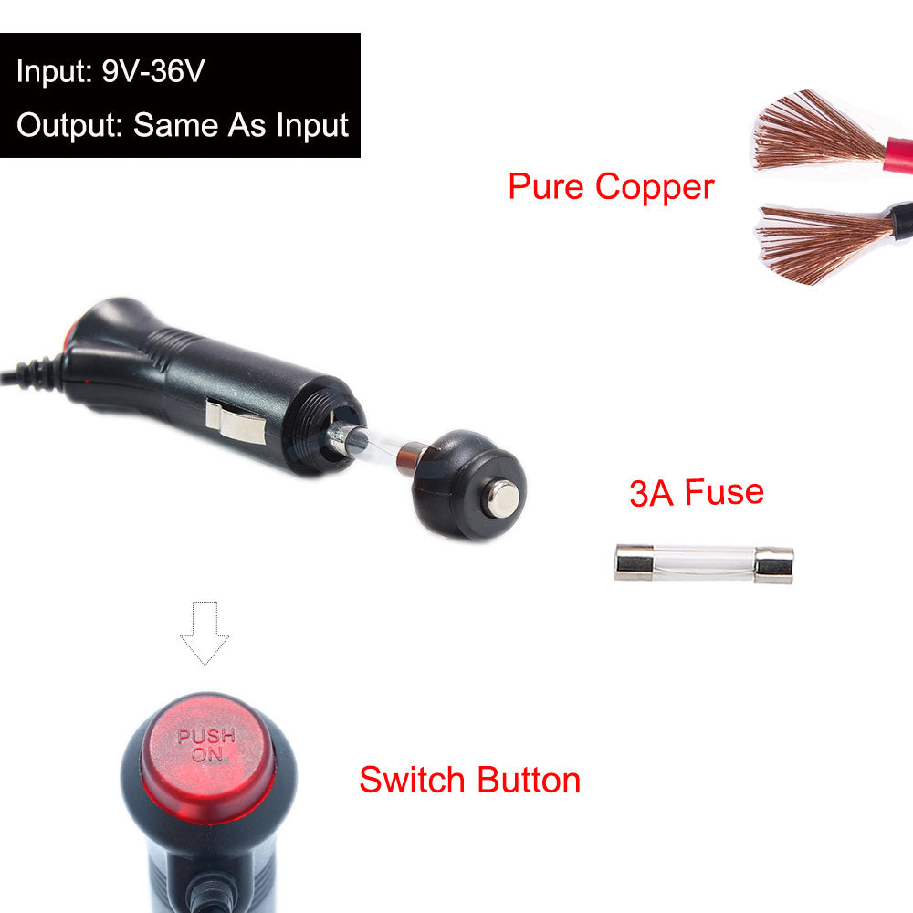 TINYSOME 12V24V Car Cigarette Lighter Socket Extension Cord Cable with  On/Off- Button 