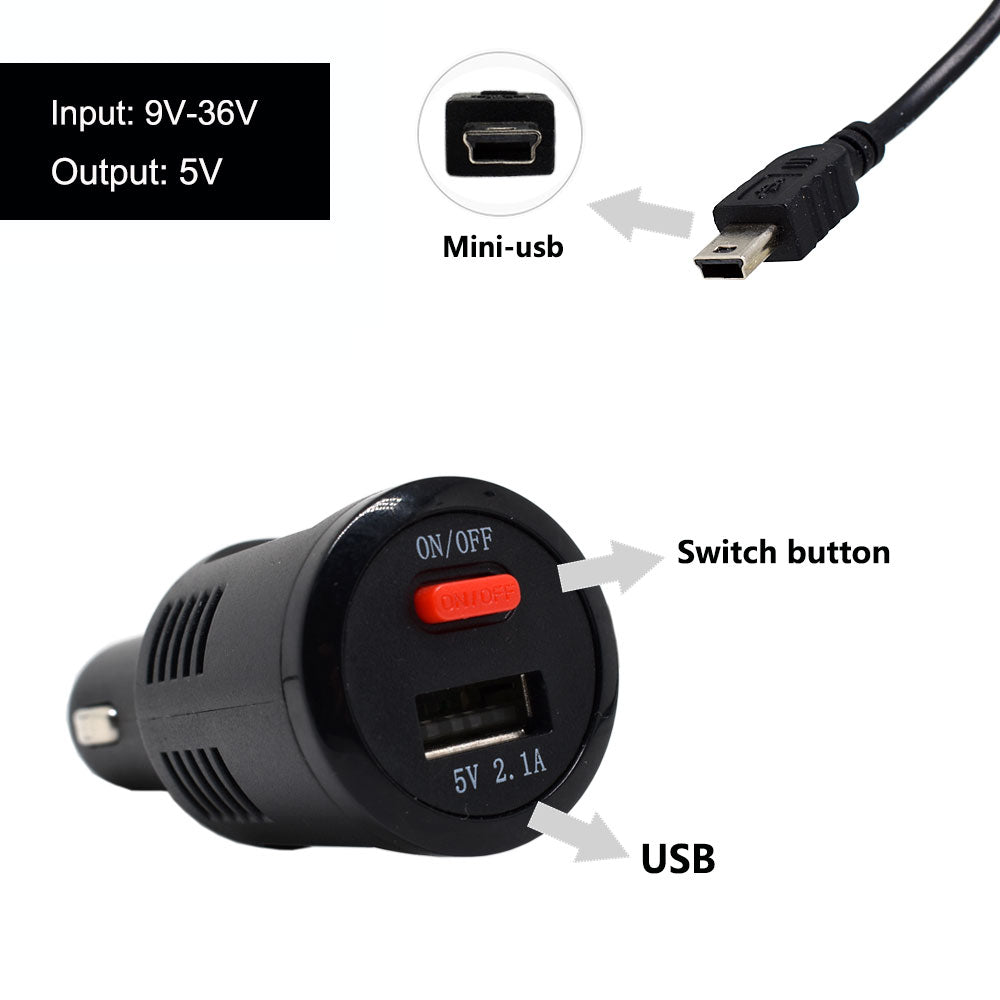 Rearmaster  Car Charger Cigarette Lighter Power Cable for Dash Camera, with USB Charger and Switch Button (Mini USB) 11.5ft