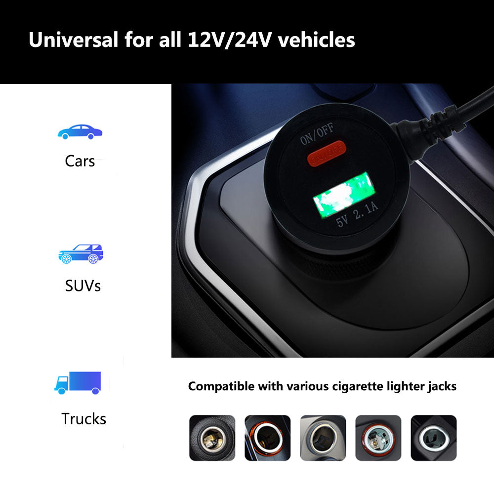 Rearmaster  Car Charger Cigarette Lighter Power Cable for Dash Camera, with USB Charger and Switch Button (Mini USB) 11.5ft